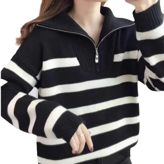 women's contrast color striped sweater with zipper - di supremo