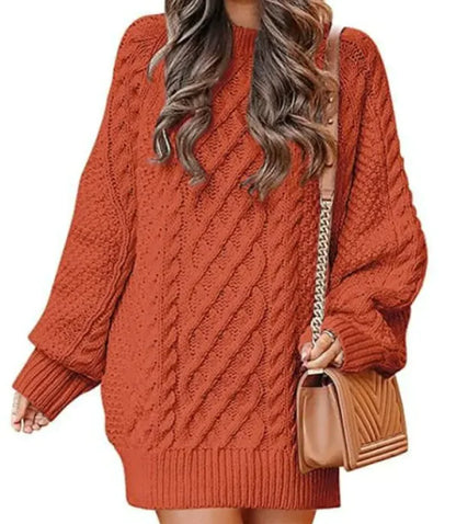 Women's Round Neck Long Sleeve Knitted Mid-length Sweater - Di Supremo