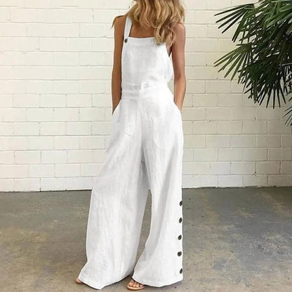 Solid Sleeveless Wide Leg Jumpsuit with Side Pockets - Di Supremo