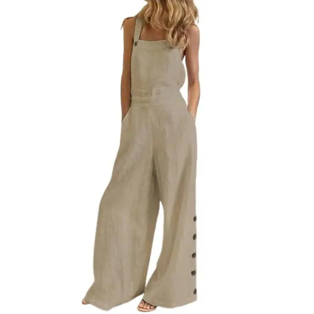 Solid Sleeveless Wide Leg Jumpsuit with Side Pockets - Di Supremo