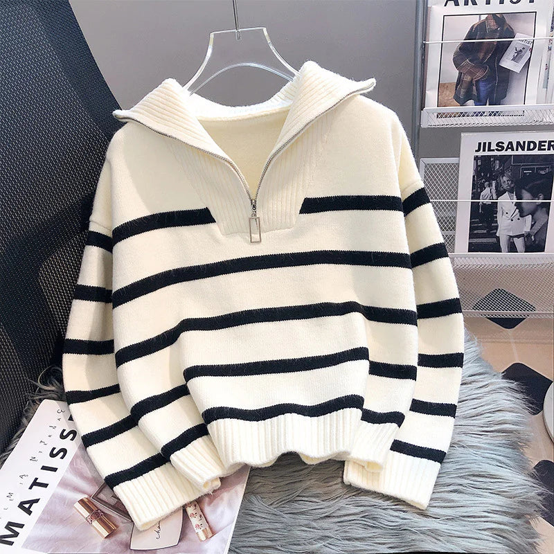 women's contrast color striped sweater with zipper - di supremo