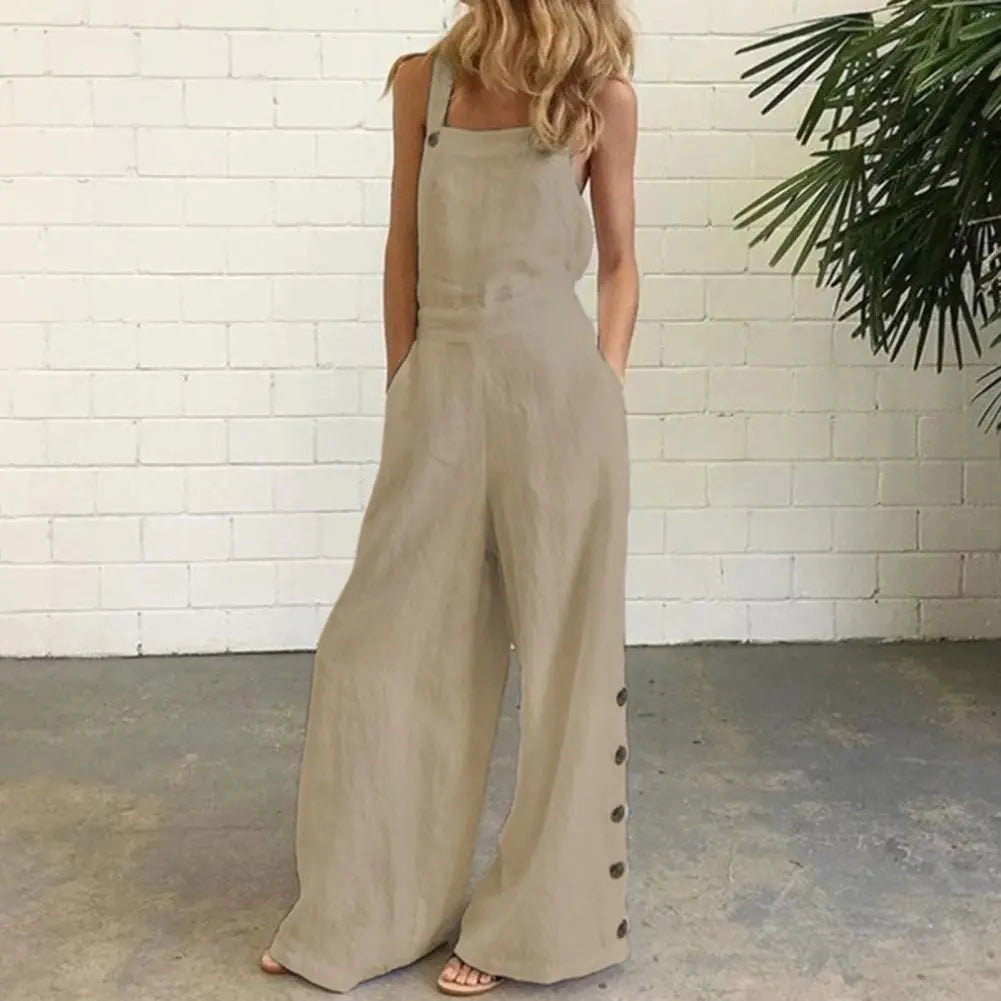 Solid Sleeveless Wide Leg Jumpsuit with Side Pockets - Di Supremo