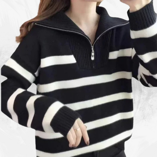 Women's Contrast Color Striped Sweater With Zipper - Di Supremo