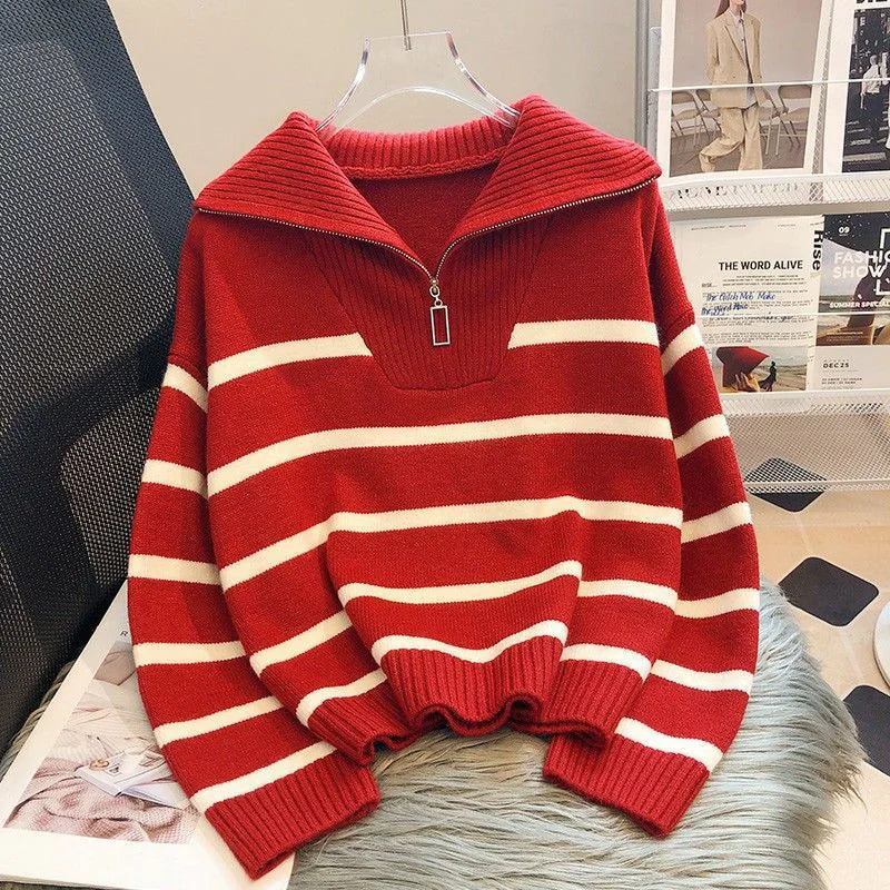 Women's Contrast Color Striped Sweater With Zipper - Di Supremo
