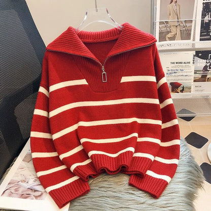Women's Contrast Color Striped Sweater With Zipper - Di Supremo