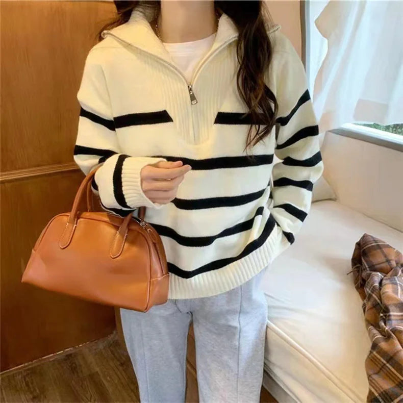 women's contrast color striped sweater with zipper - di supremo