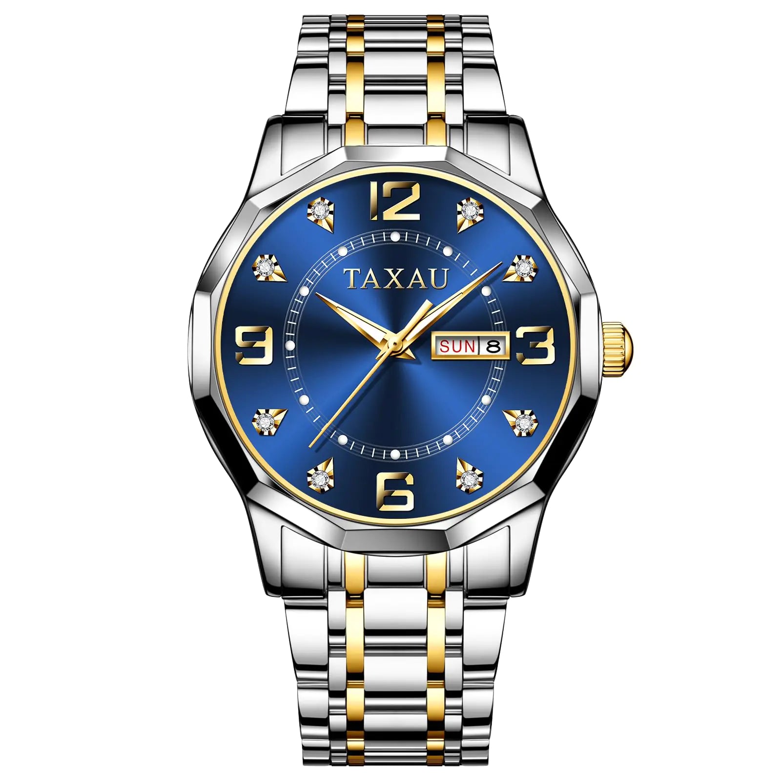 Taxau Watches for Men Blue Face Men Stainless Steel Watch with Day Date Mens Two Tone Watches Diamond Luminous Waterproof Men Dress Watch Arabic Numeral Easy Read Quartz Men Watch - Di Supremo