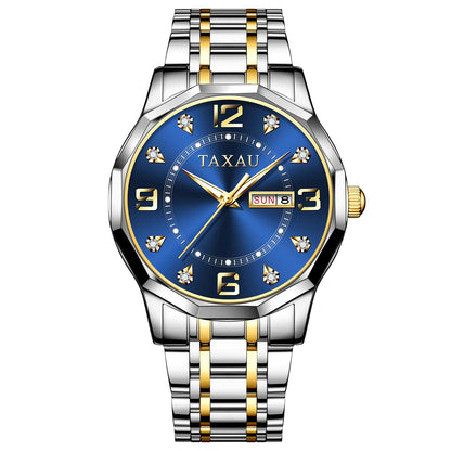 Taxau Watches for Men Blue Face Men Stainless Steel Watch with Day Date Mens Two Tone Watches Diamond Luminous Waterproof Men Dress Watch Arabic Numeral Easy Read Quartz Men Watch - Di Supremo