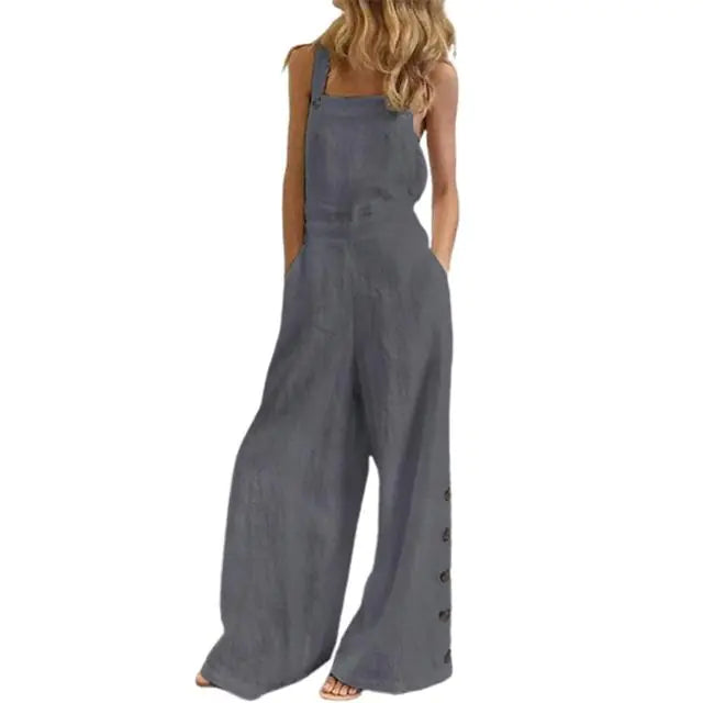 Solid Sleeveless Wide Leg Jumpsuit with Side Pockets - Di Supremo