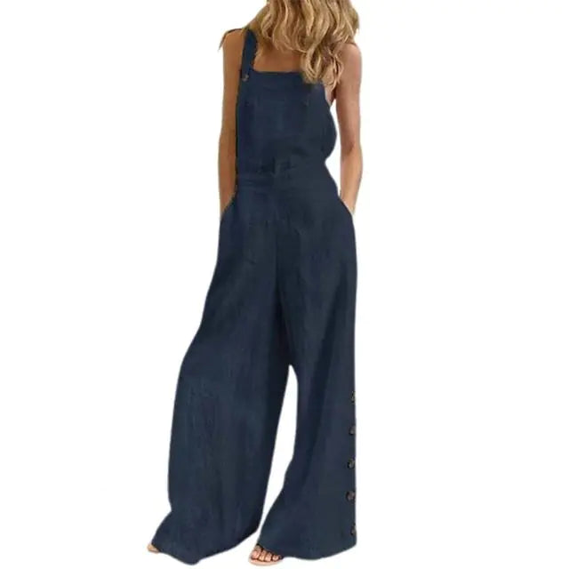 Solid Sleeveless Wide Leg Jumpsuit with Side Pockets - Di Supremo