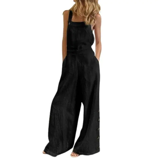 Solid Sleeveless Wide Leg Jumpsuit with Side Pockets - Di Supremo