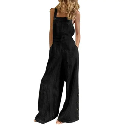 Solid Sleeveless Wide Leg Jumpsuit with Side Pockets - Di Supremo