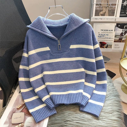 Women's Contrast Color Striped Sweater With Zipper - Di Supremo