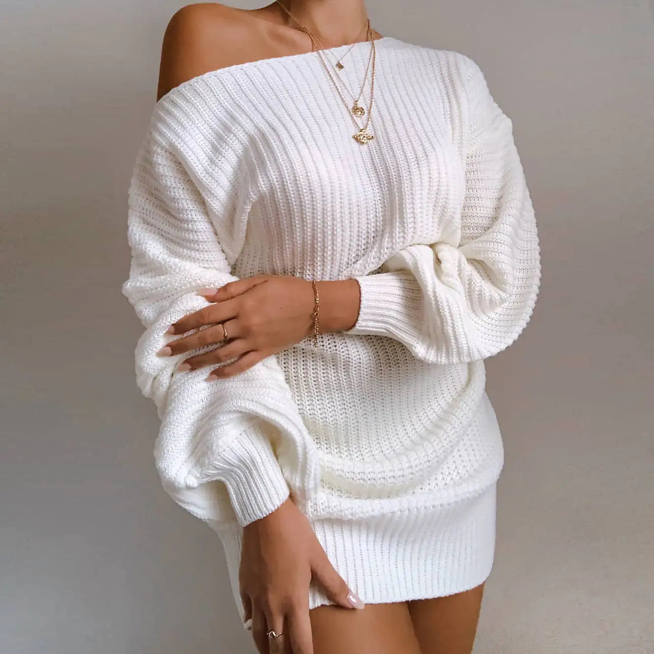 Off-Shoulder Women's Knitted Sweater Dress - Di Supremo
