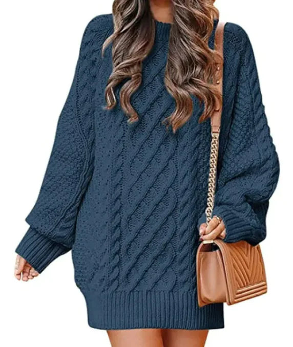 Women's Round Neck Long Sleeve Knitted Mid-length Sweater - Di Supremo