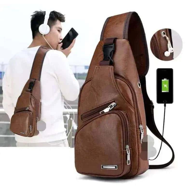 Casual Solid Color PU Men's Crossbody Bag with USB Charging My Shop Saver