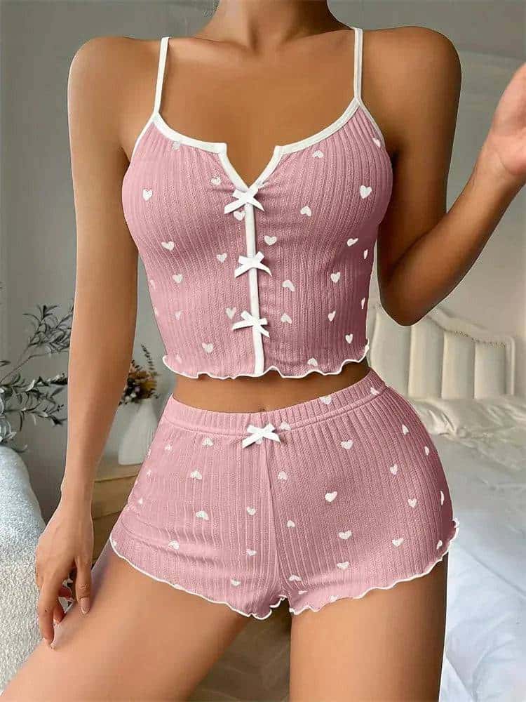 Heart Print Ribbed Pajama Set My Shop Saver