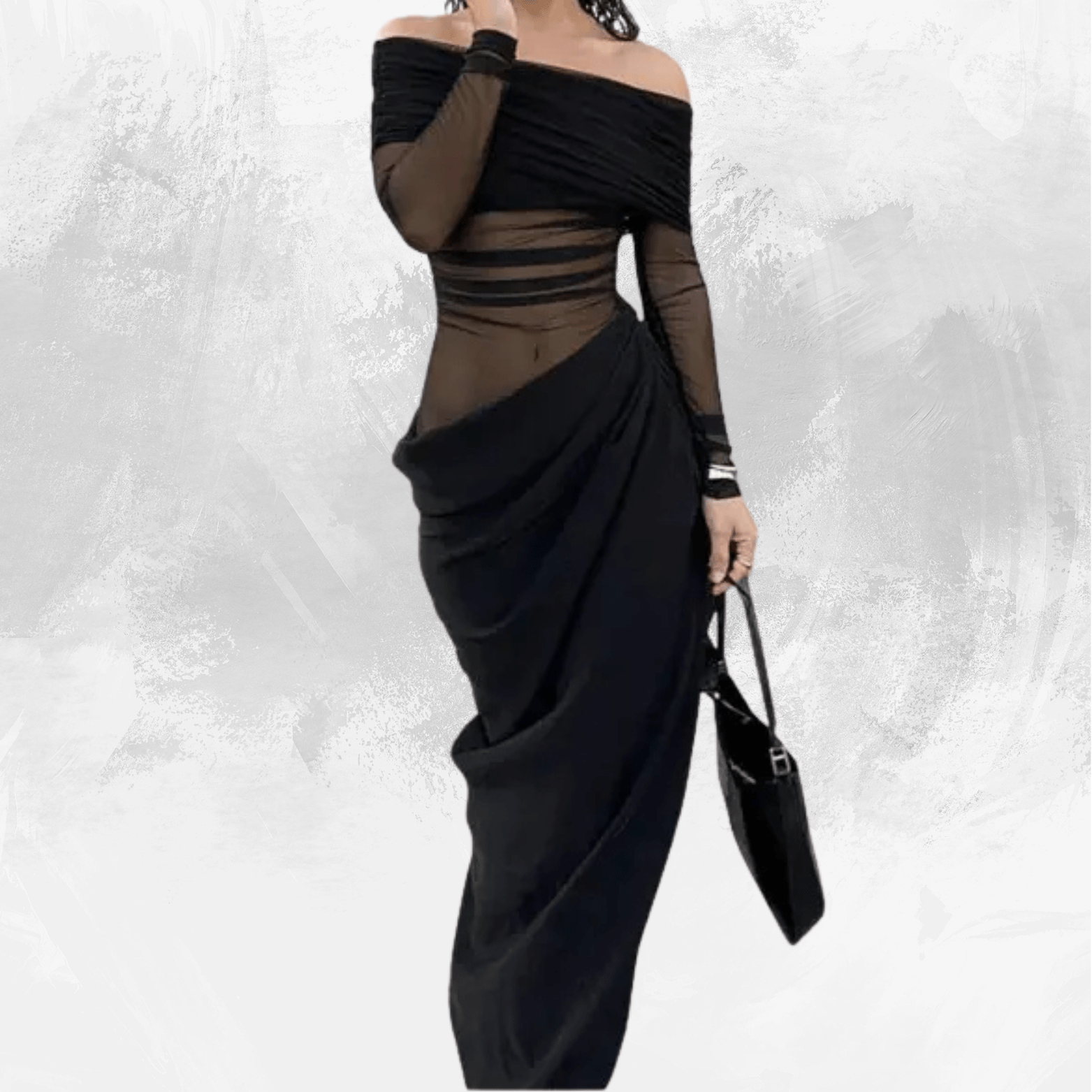 Off Shoulder Semi-Sheer Maxi Dress Long Sleeve Floor Length One-Step Dress Strapless Mesh Ruched Bodycon Dress Y2K - Di Supremo