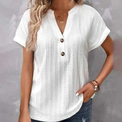 Batwing Sleeve Solid Color And V-neck Button T-shirt My Shop Saver