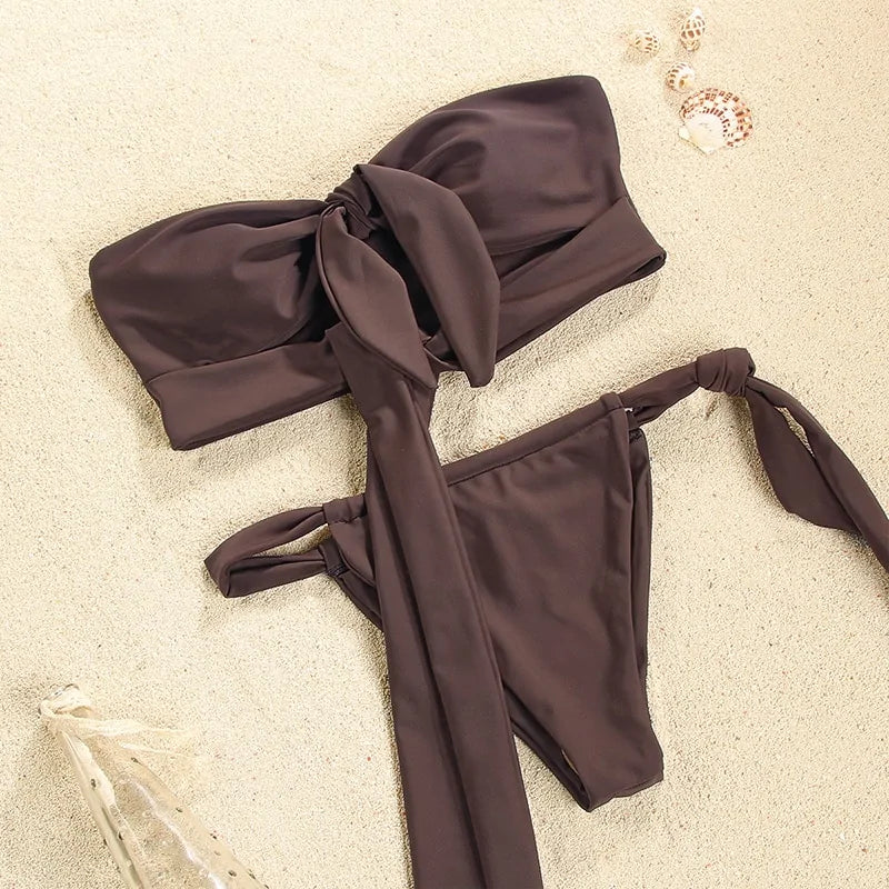 Hollow Out Solid Color Bandage Bikini Set - Di Supremo