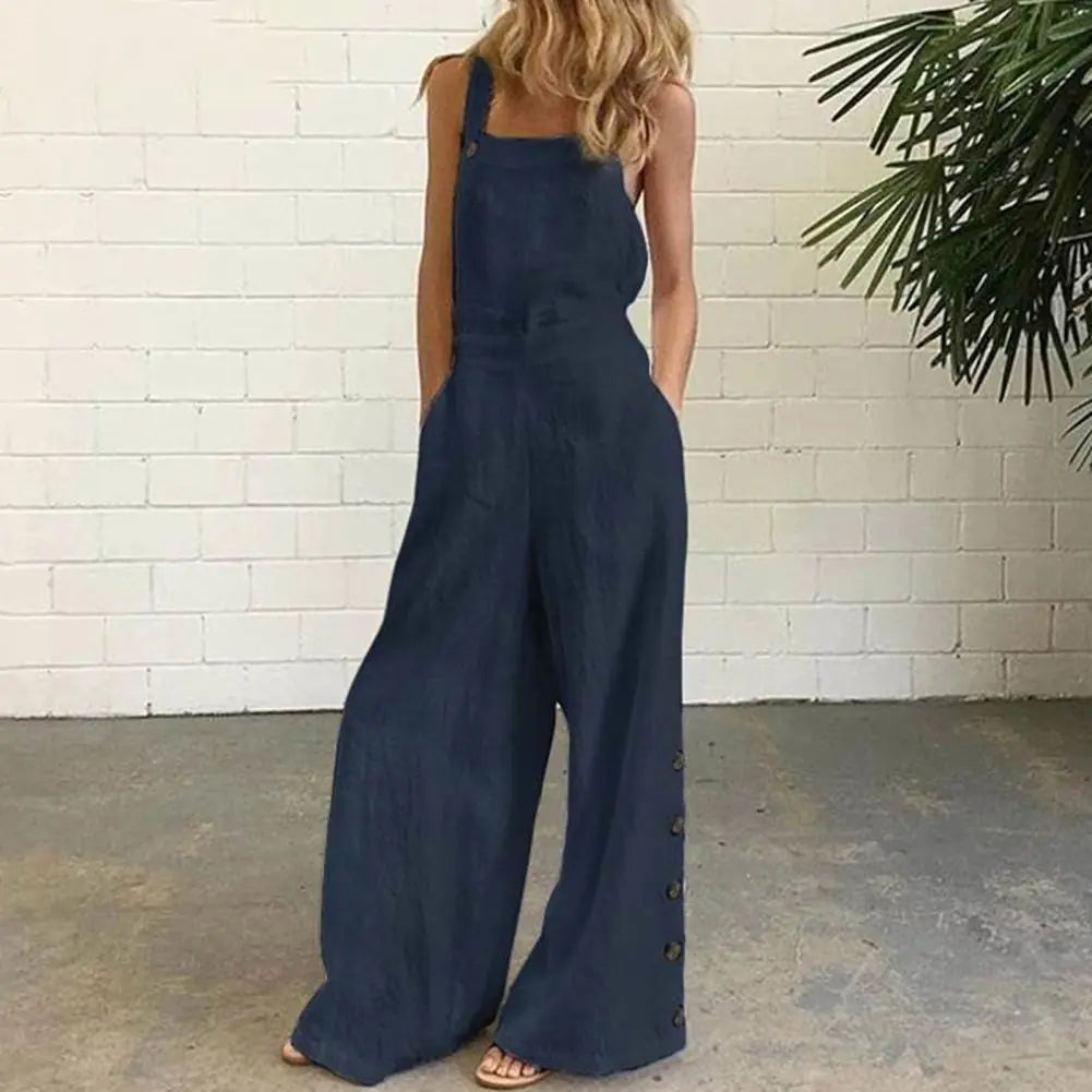 Solid Sleeveless Wide Leg Jumpsuit with Side Pockets - Di Supremo