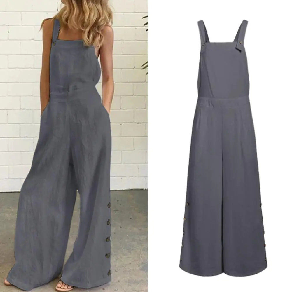 Solid Sleeveless Wide Leg Jumpsuit with Side Pockets - Di Supremo