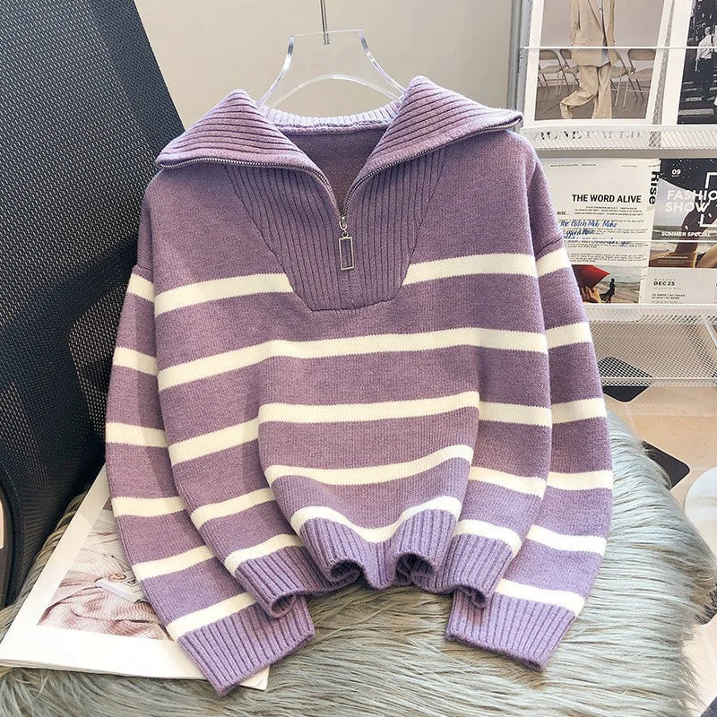 women's contrast color striped sweater with zipper - di supremo