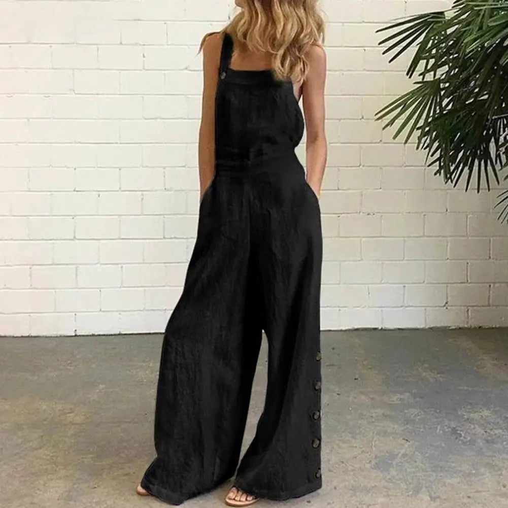 Solid Sleeveless Wide Leg Jumpsuit with Side Pockets - Di Supremo