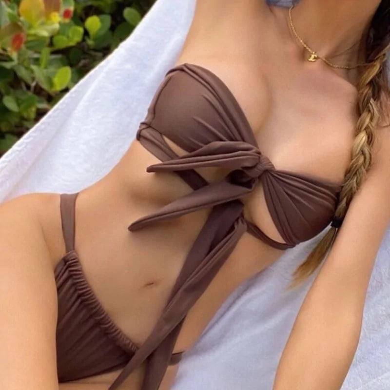 Hollow Out Solid Color Bandage Bikini Set - Di Supremo