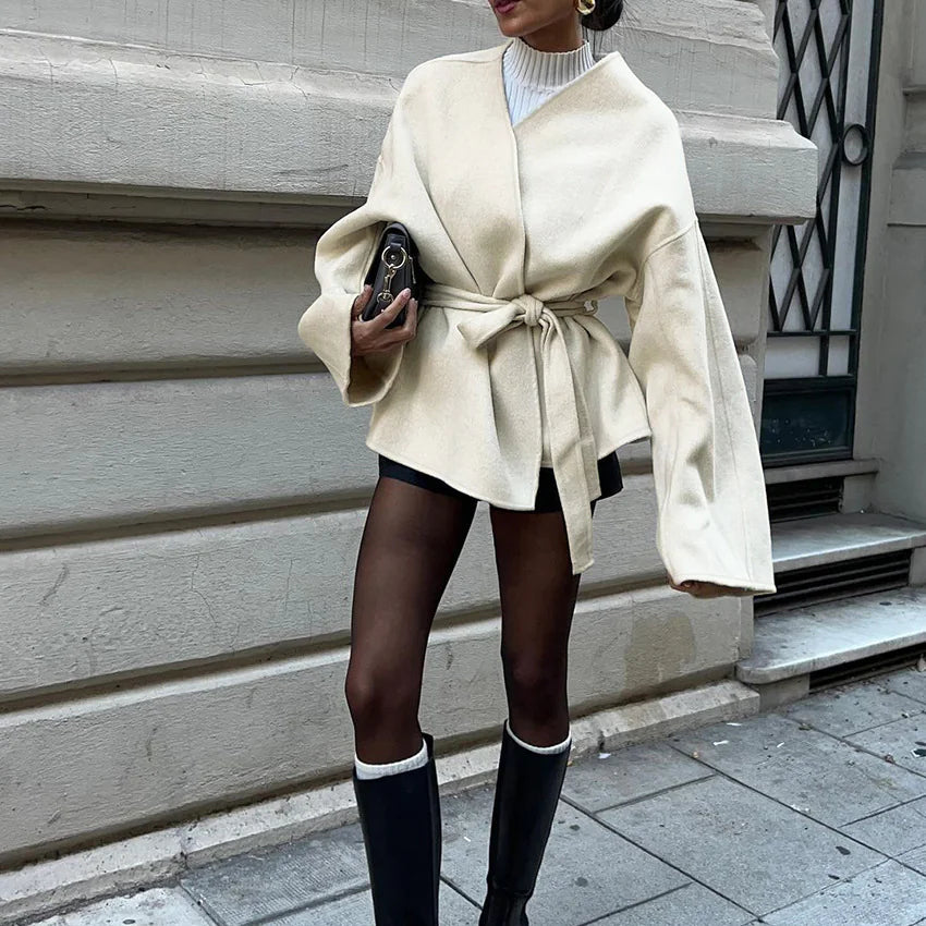 Overlapping Tie Belt Coat - Di Supremo